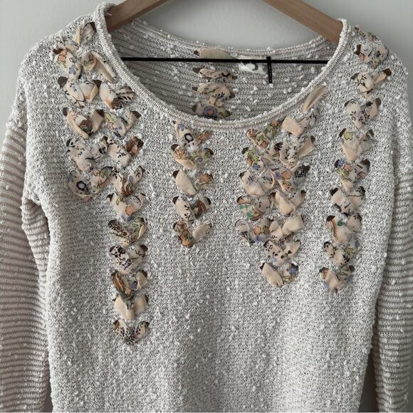 Anthropologie Akemi + Kin Cream Gray White Ribbon Embellished Knit Sweater Top - Picture 3 of 14